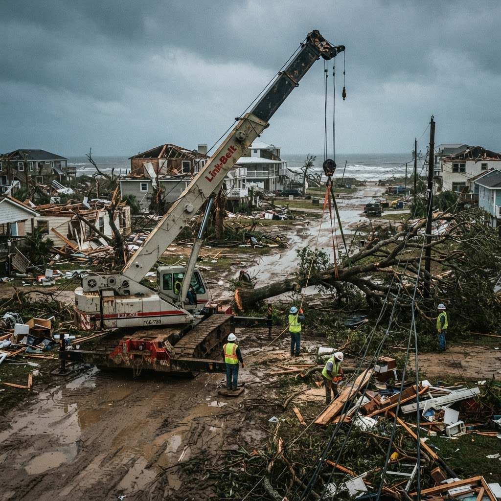 Crane clearing storm debris from a road after a hurricane