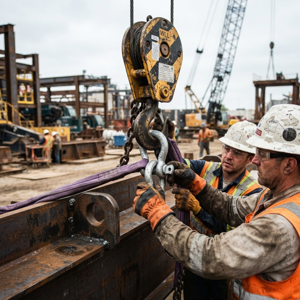 Riggers attaching slings and shackles to a heavy industrial load