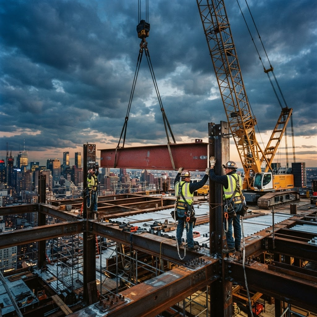 Crane placing a structural steel beam onto a building frame
